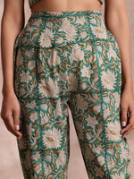 Thumbnail for trueBrowns Fern Green Overall Floral Block Print Cotton Pant Suit Set - Distacart