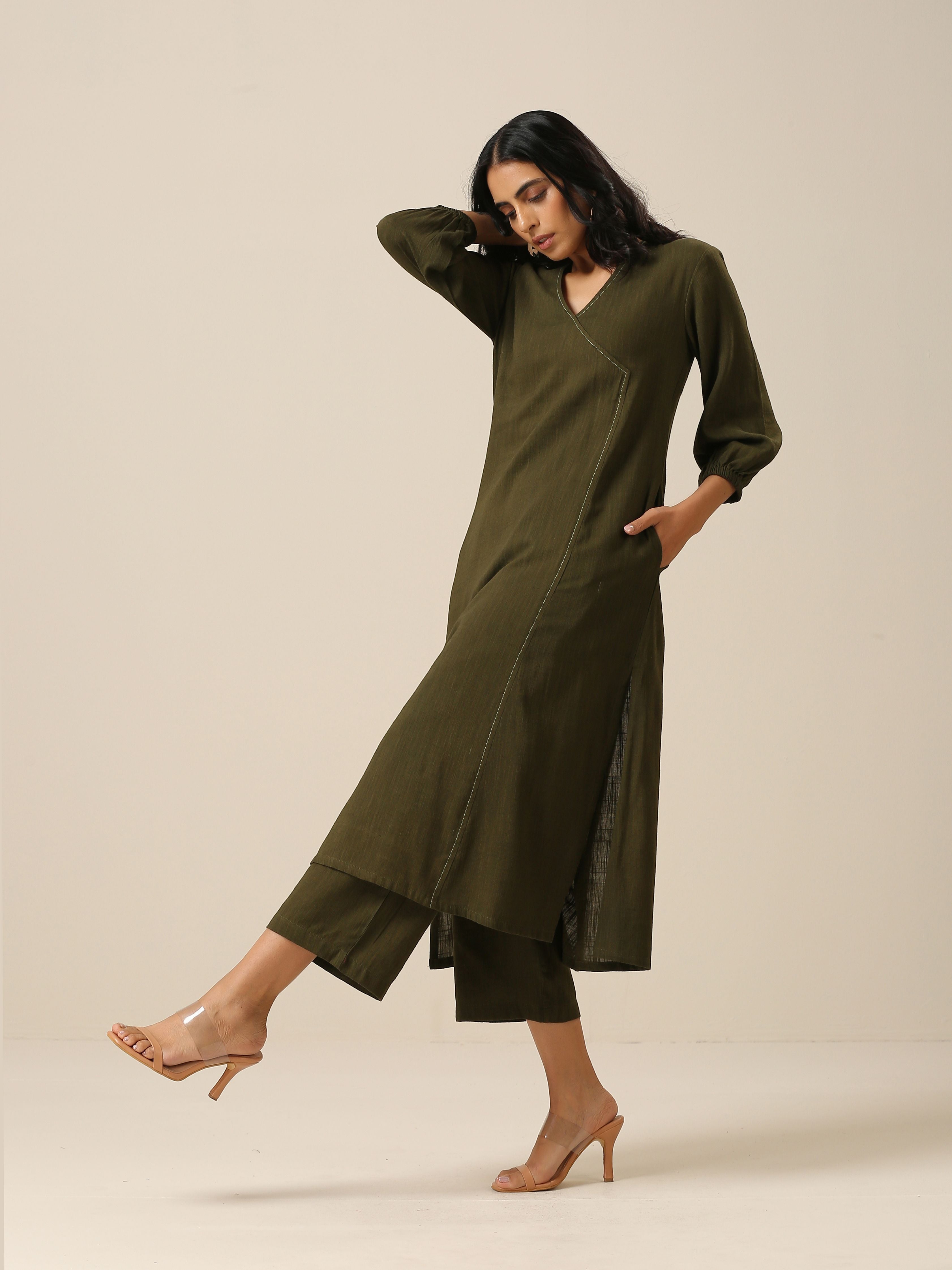 trueBrowns Olive Green Slub Texture Kurta Pant Set - Distacart