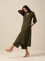 Thumbnail for trueBrowns Olive Green Slub Texture Kurta Pant Set - Distacart