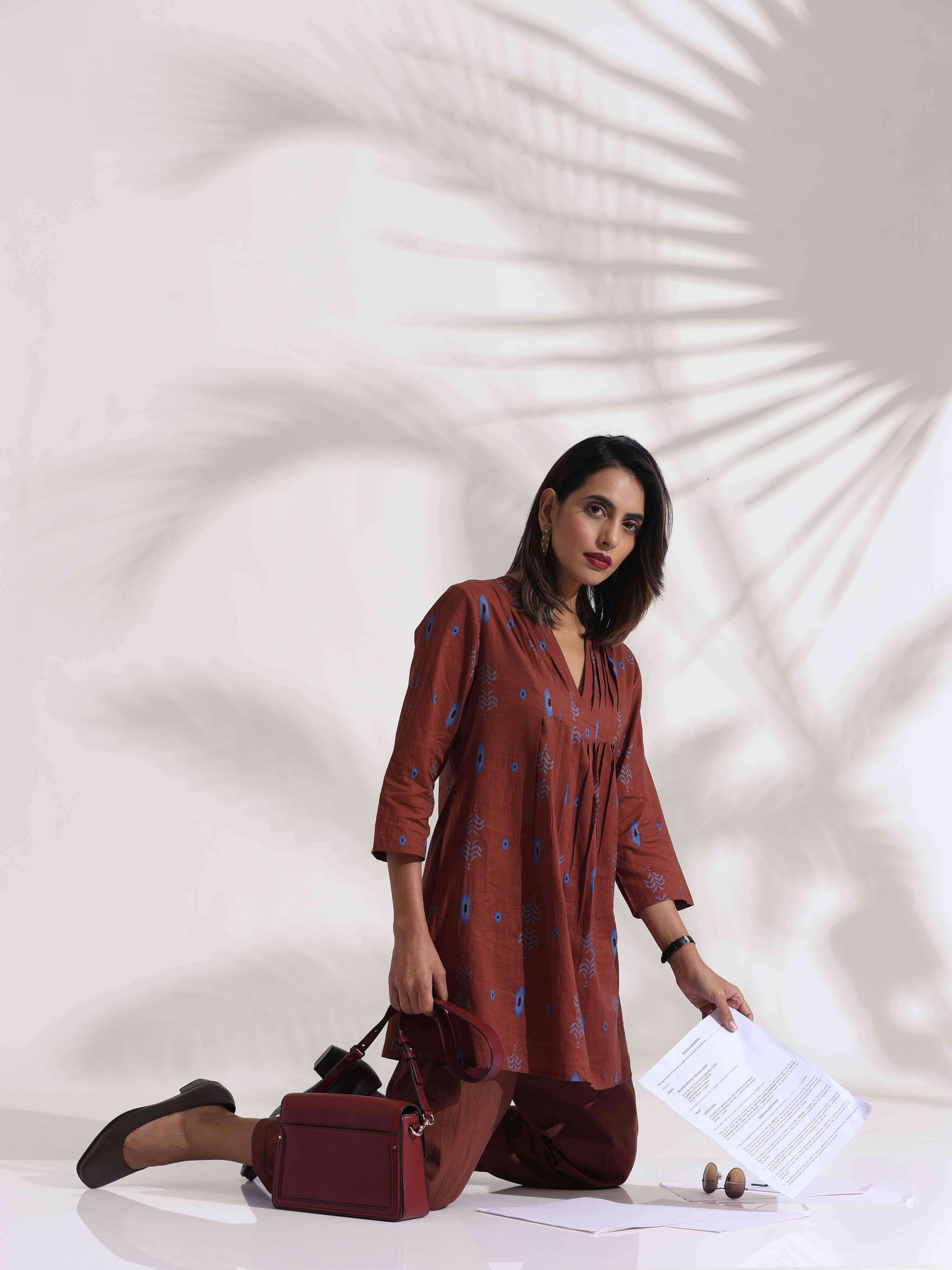 trueBrowns Brown Cotton Print Pleated Top & Pants Co-ord Set