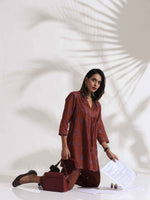 Thumbnail for trueBrowns Brown Cotton Print Pleated Top & Pants Co-ord Set
