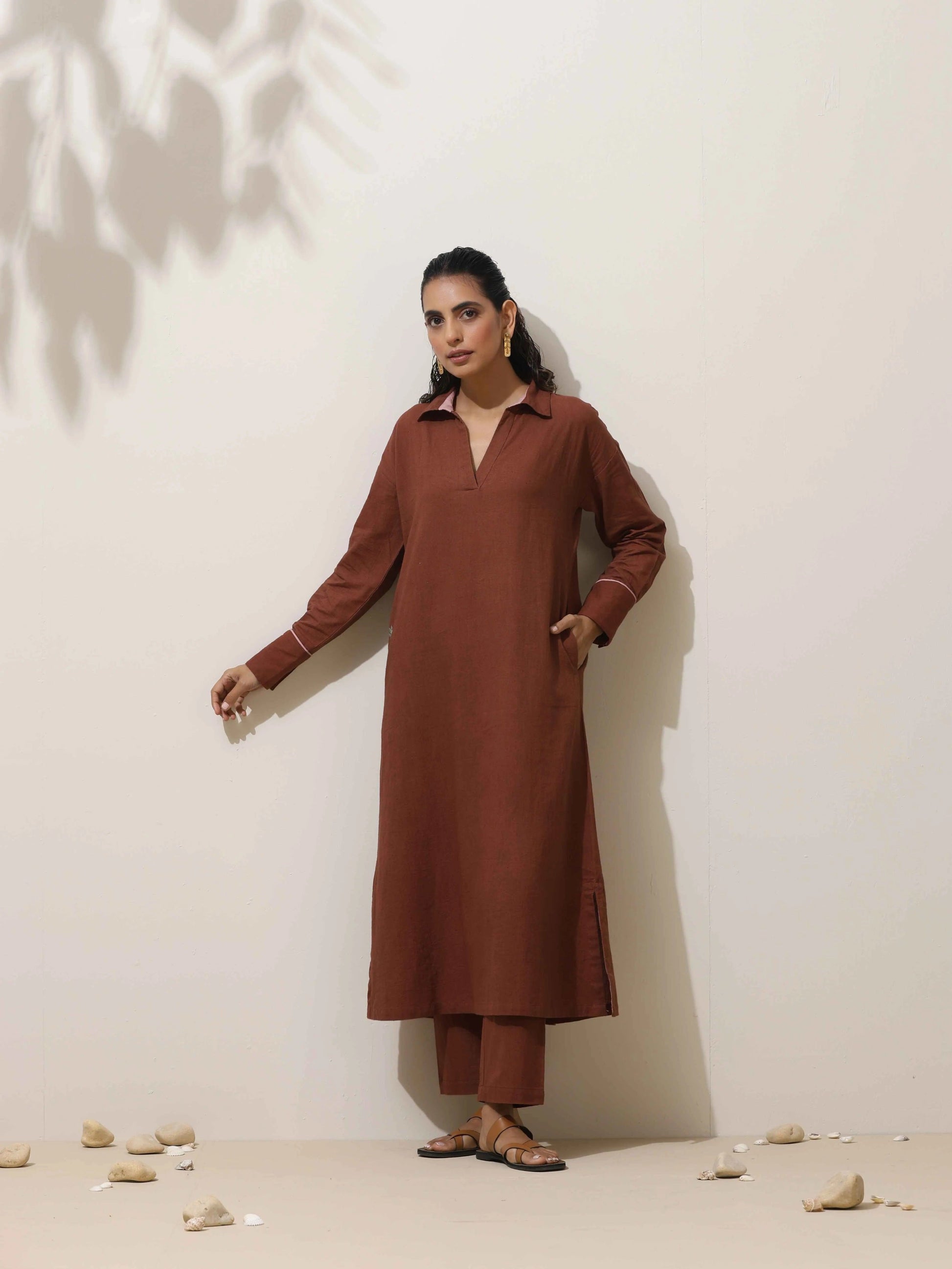 trueBrowns Brown Cotton Linen Kurta Pant Set - Distacart