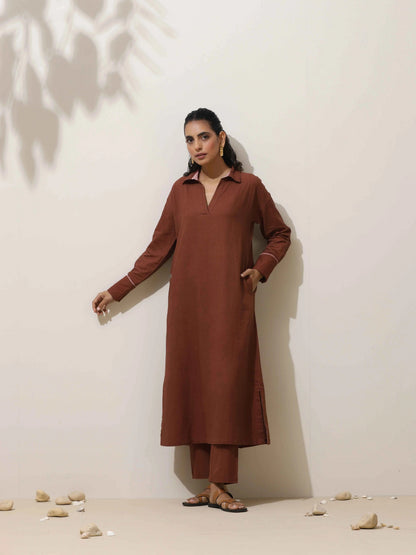 trueBrowns Brown Cotton Linen Kurta Pant Set - Distacart