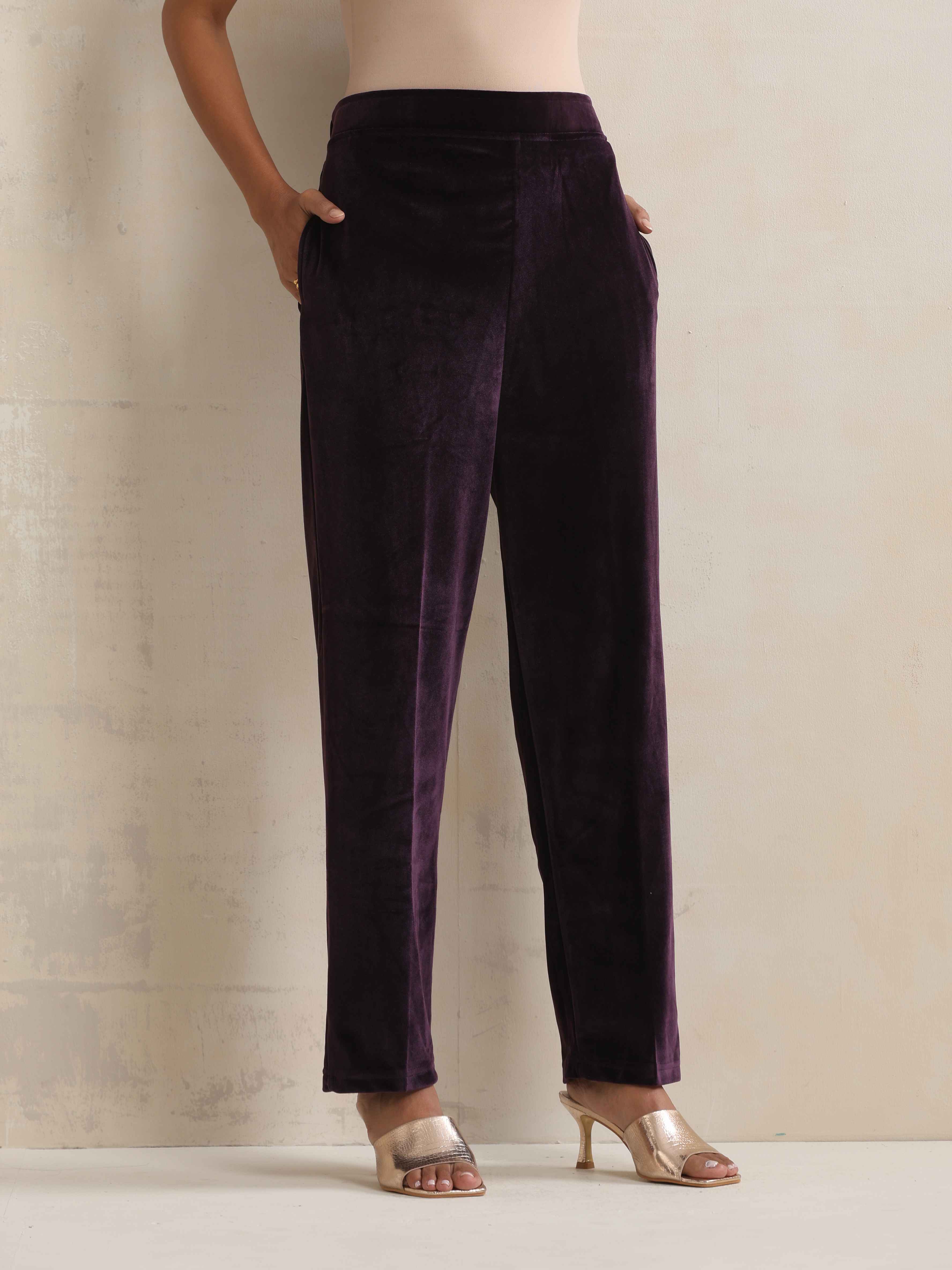trueBrowns Wine Velvet Floral Embroidered Kurta Pant Dupatta Set - Distacart