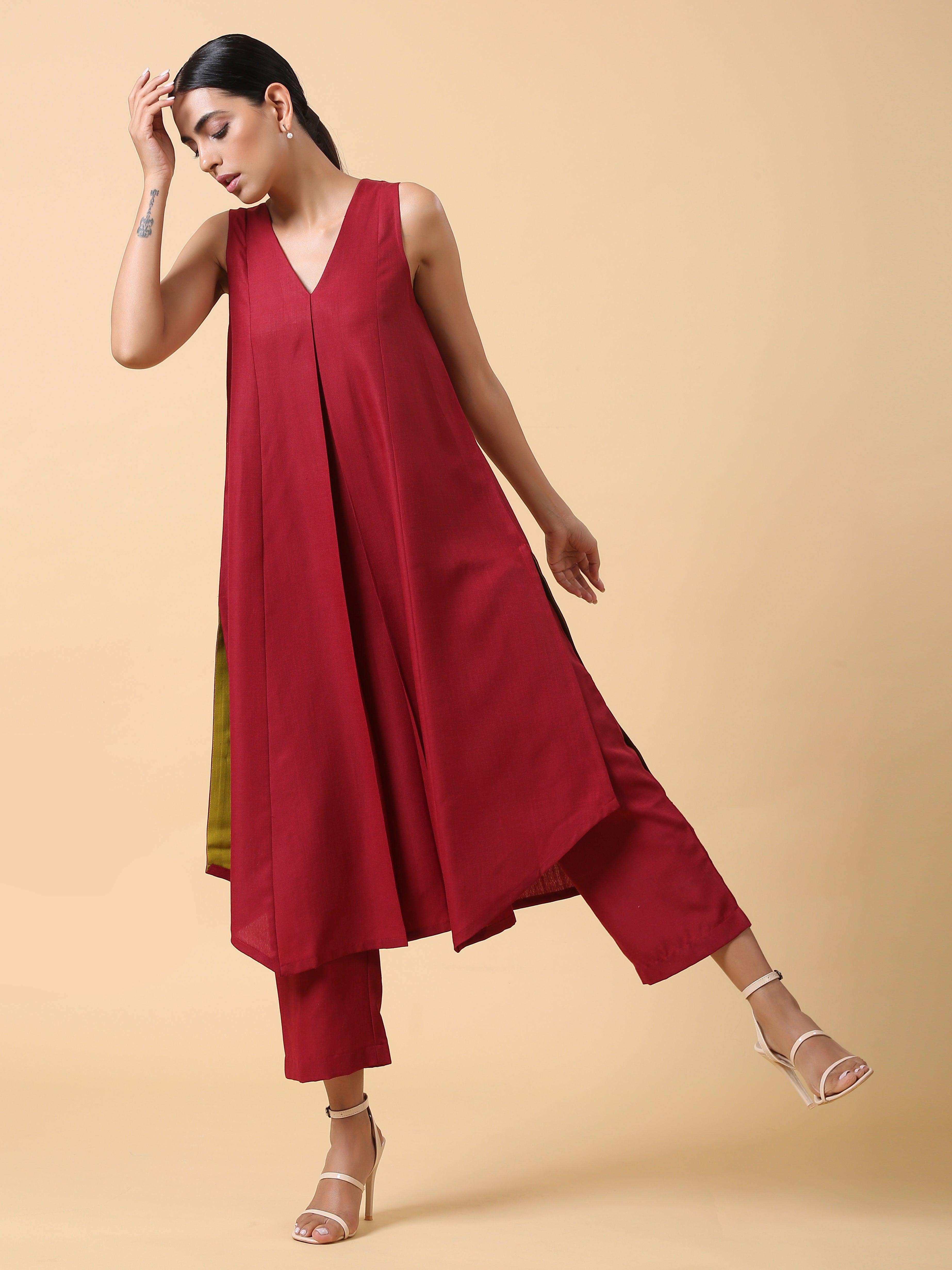 trueBrowns Cotton Linen Maroon Sleeveless Kurta Pant Set - Distacart