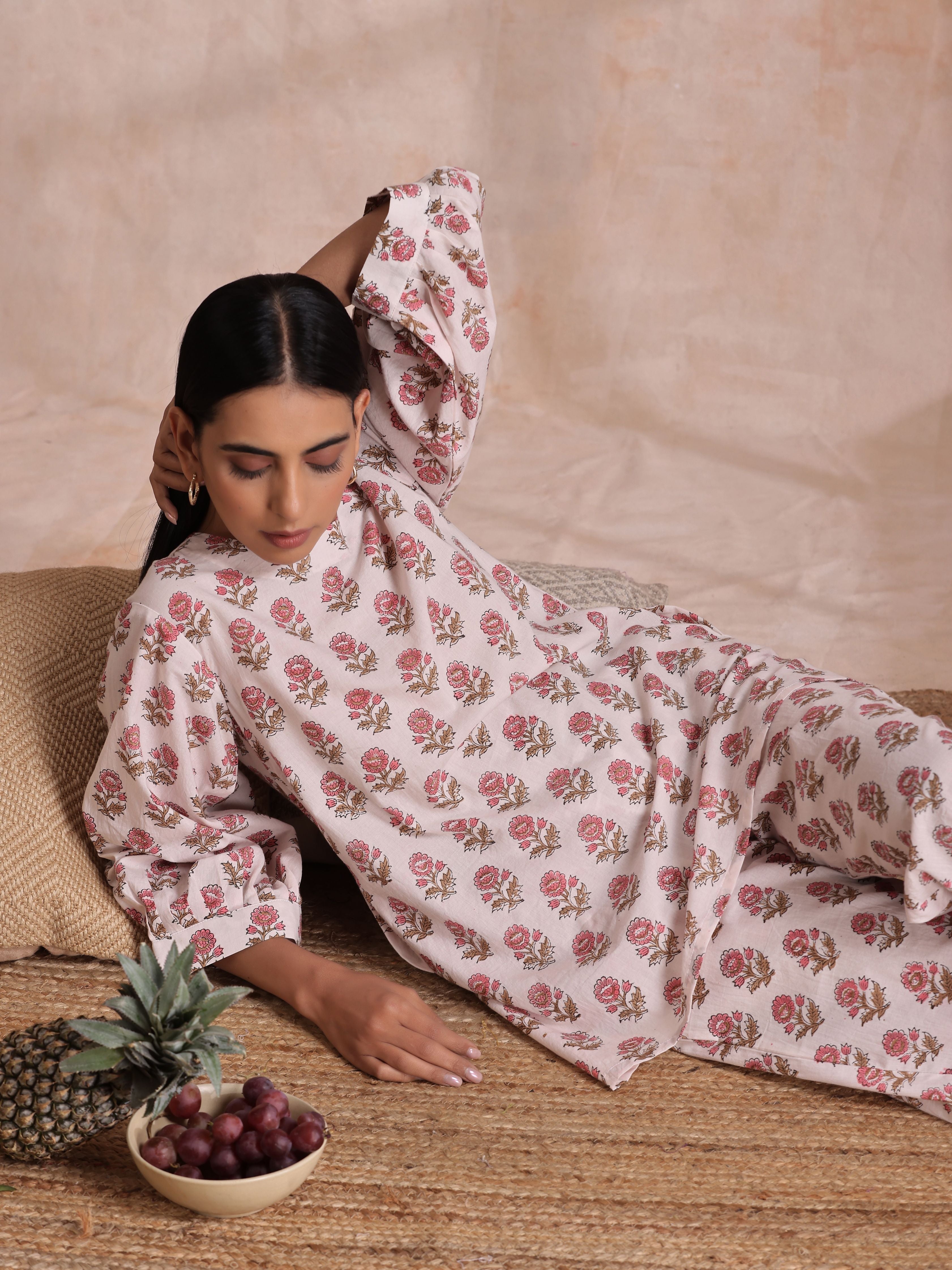 trueBrowns Pink Brown Buta On White Block Print Cotton Baggy Sleeve Co-Ord Set - Distacart
