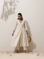 Thumbnail for trueBrowns Off White Cotton Linen Angrakha Kurta Pant Set