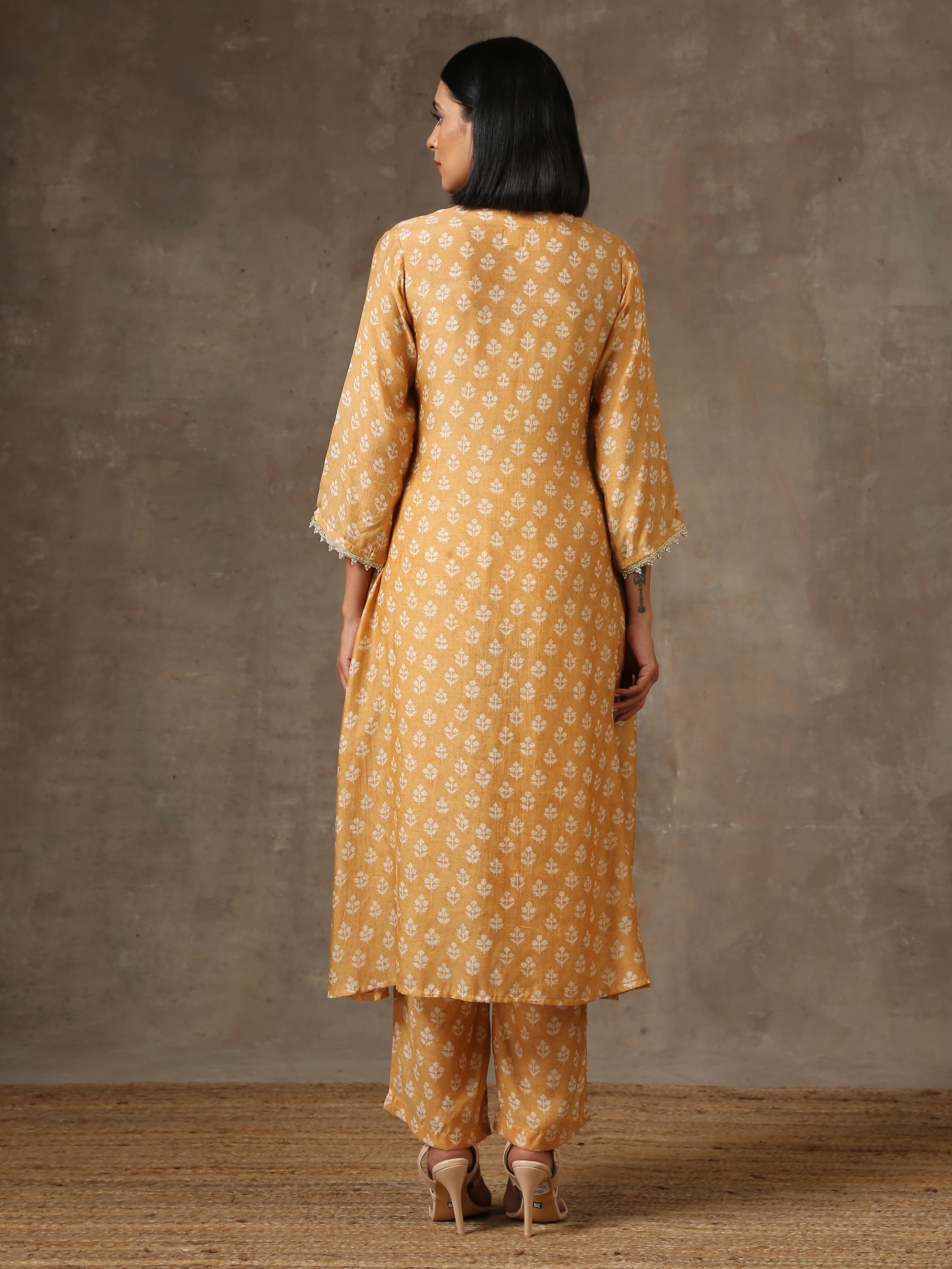 trueBrowns Beige White Flared Printed Silk Kurta Pant Set - Distacart
