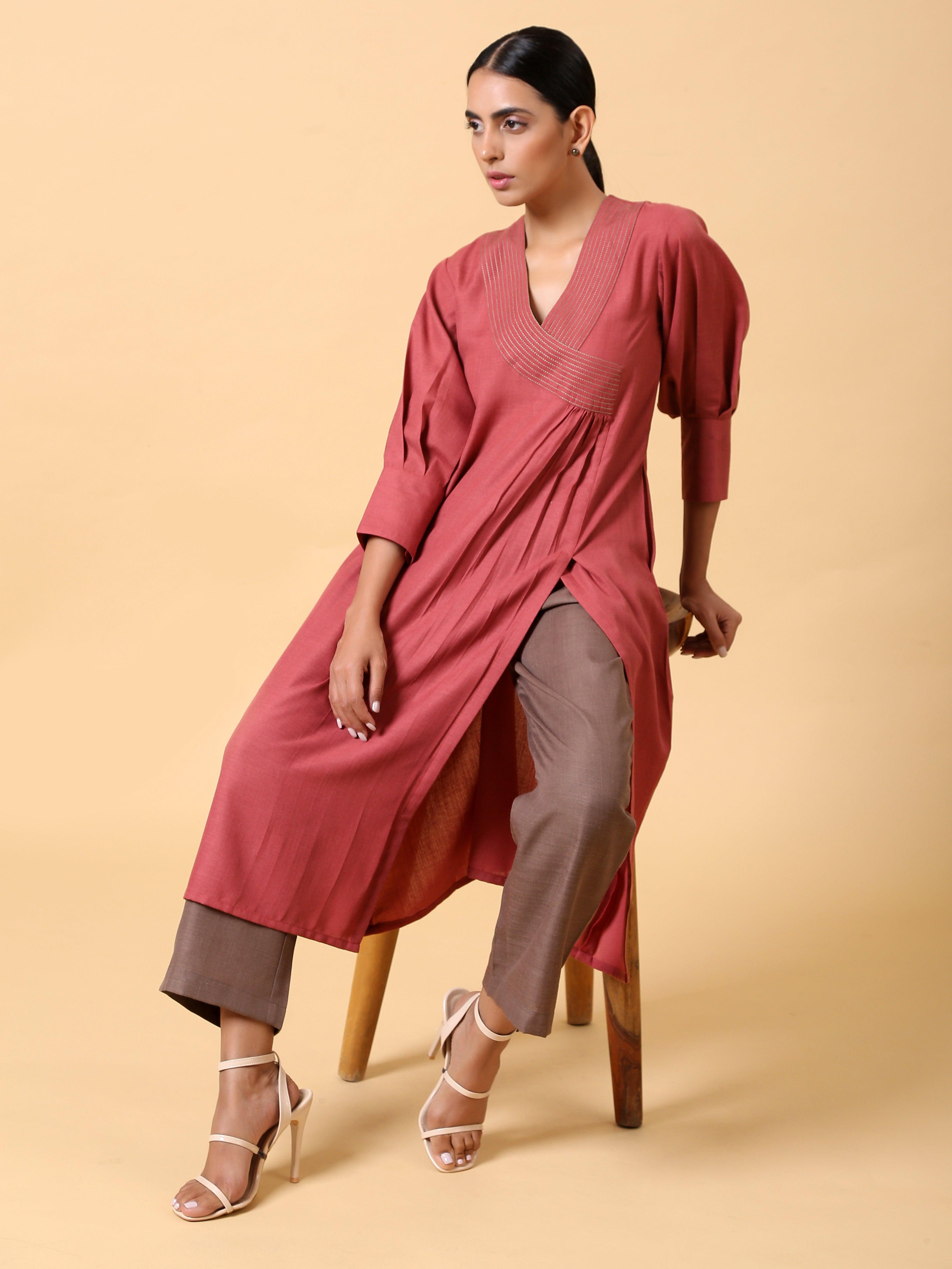 trueBrowns Cotton Linen Rust Red Kurta Pant Set - Distacart
