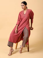 Thumbnail for trueBrowns Cotton Linen Rust Red Kurta Pant Set - Distacart