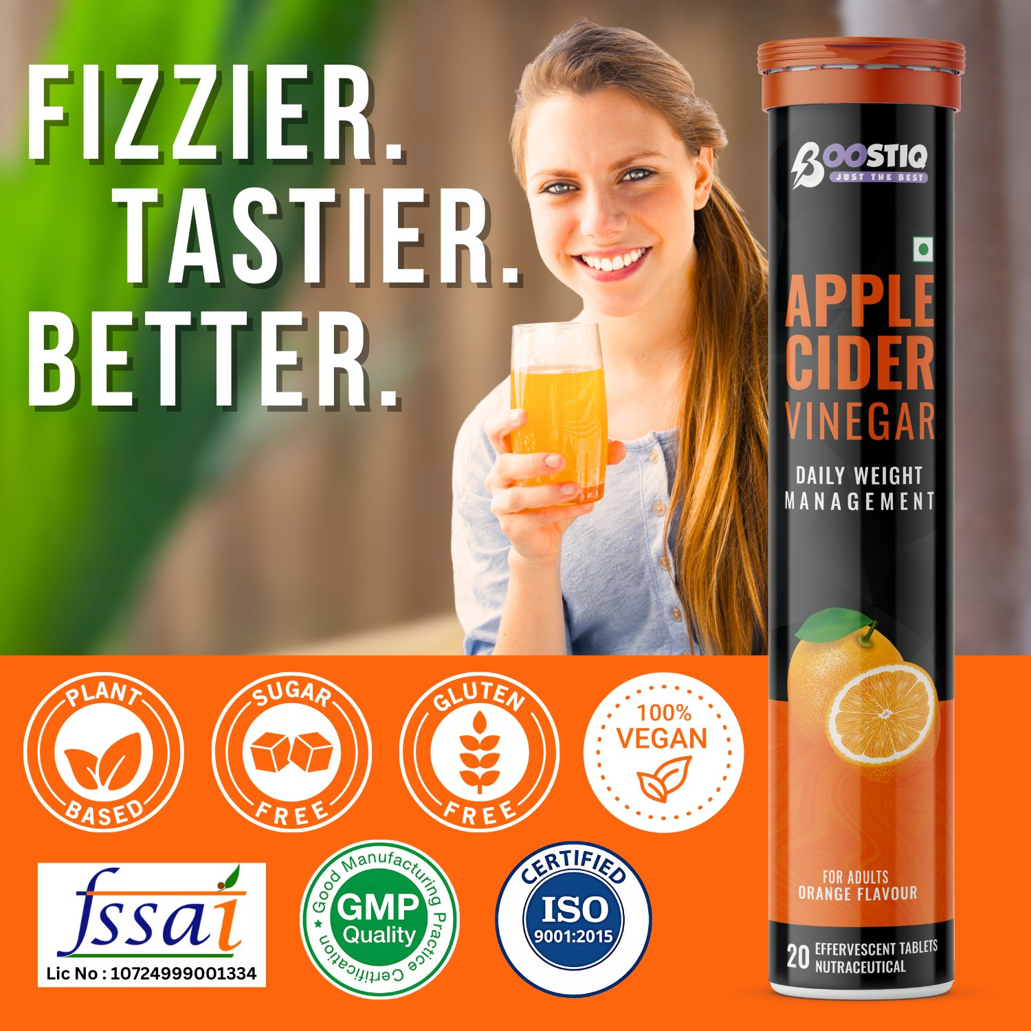 BOOSTIQ Apple Cider Vinegar Effervescent Tablets - Orange Flavour - Distacart