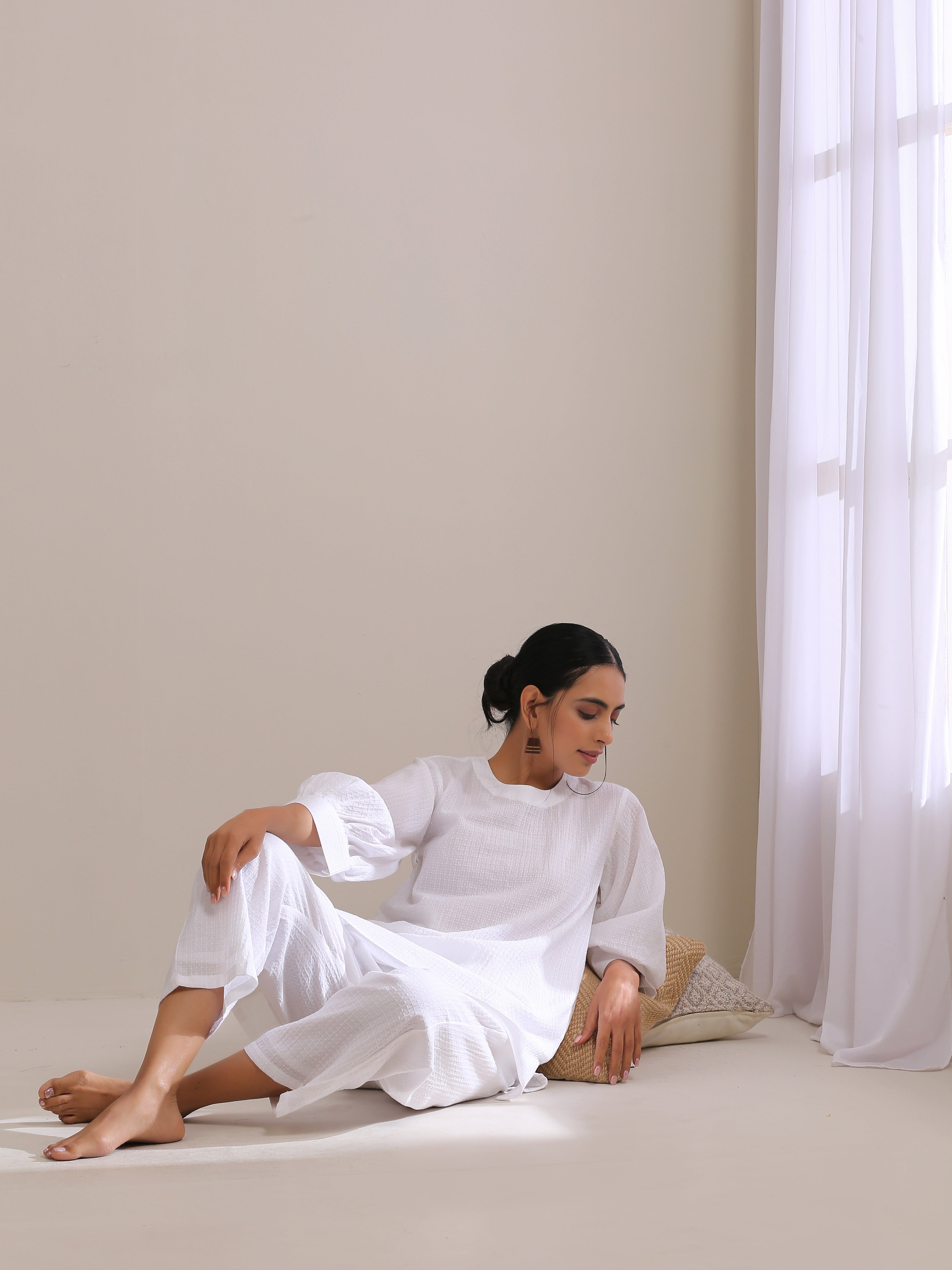trueBrowns White Dobby Baggy Sleeve Co-Ord Set - Distacart