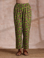 Thumbnail for trueBrowns Lime Green Overall Pink Floral Block Print Cotton Flared Kurta Pant Set - Distacart