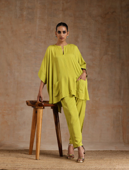trueBrowns Lime Modal Satin Boxy Fit High-Low Co-Ord Set - Distacart
