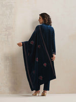Thumbnail for trueBrowns Blue Velvet Floral Embroidered Kurta Pant Dupatta Set