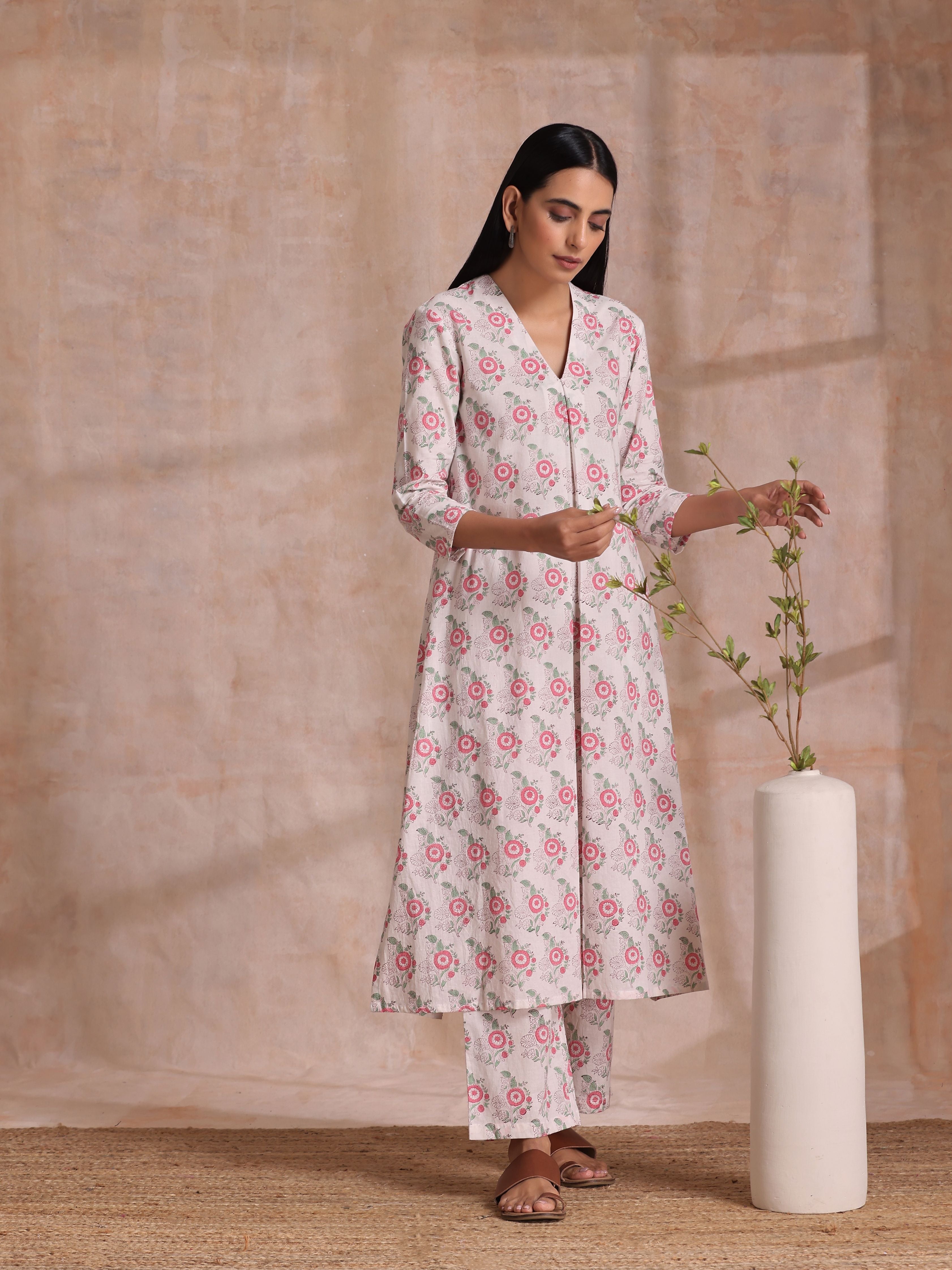 trueBrowns Pink Green Buta On White Block Print Cotton Slit Kurta Pant Set - Distacart