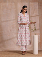 Thumbnail for trueBrowns Pink Green Buta On White Block Print Cotton Slit Kurta Pant Set - Distacart
