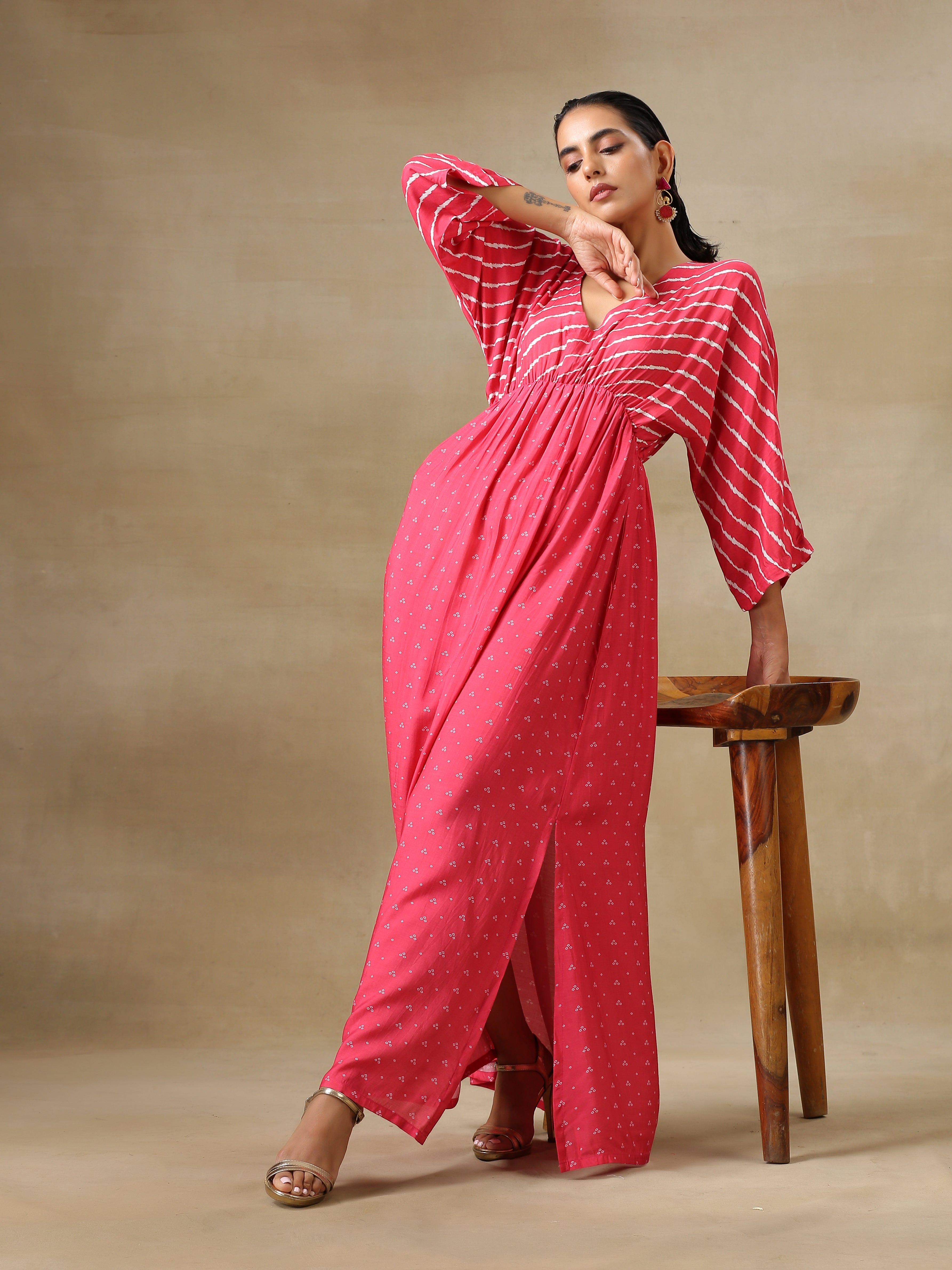 trueBrowns Pink Bandhani Printed Silk Drop Shoulder Dress - Distacart