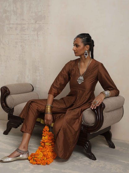 trueBrowns Brown Silk Slit Kurta Set - Distacart
