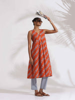 Thumbnail for trueBrowns Orange Cotton Print Sleeveless Kurta Set