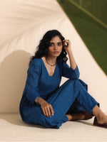 Thumbnail for trueBrowns Blue Cotton Dobby Flared Kurta Pant Set - Distacart