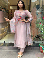 Thumbnail for Kalini Floral Printed Tie-Up Neck Kurta With Trousers & Dupatta - Distacart