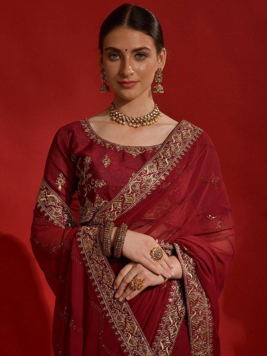 Anouk Maroon & Gold-Toned Embellished Embroidered Pure Georgette Saree - Distacart