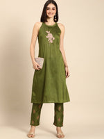 Thumbnail for All About You Women Green Floral Print Embroidered Regular Kurta with Trousers - Distacart