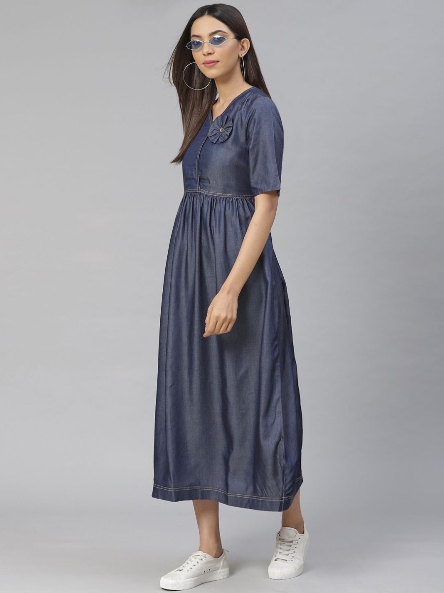AURELIA Women Navy Blue Solid Chambray Maxi Dress - Distacart