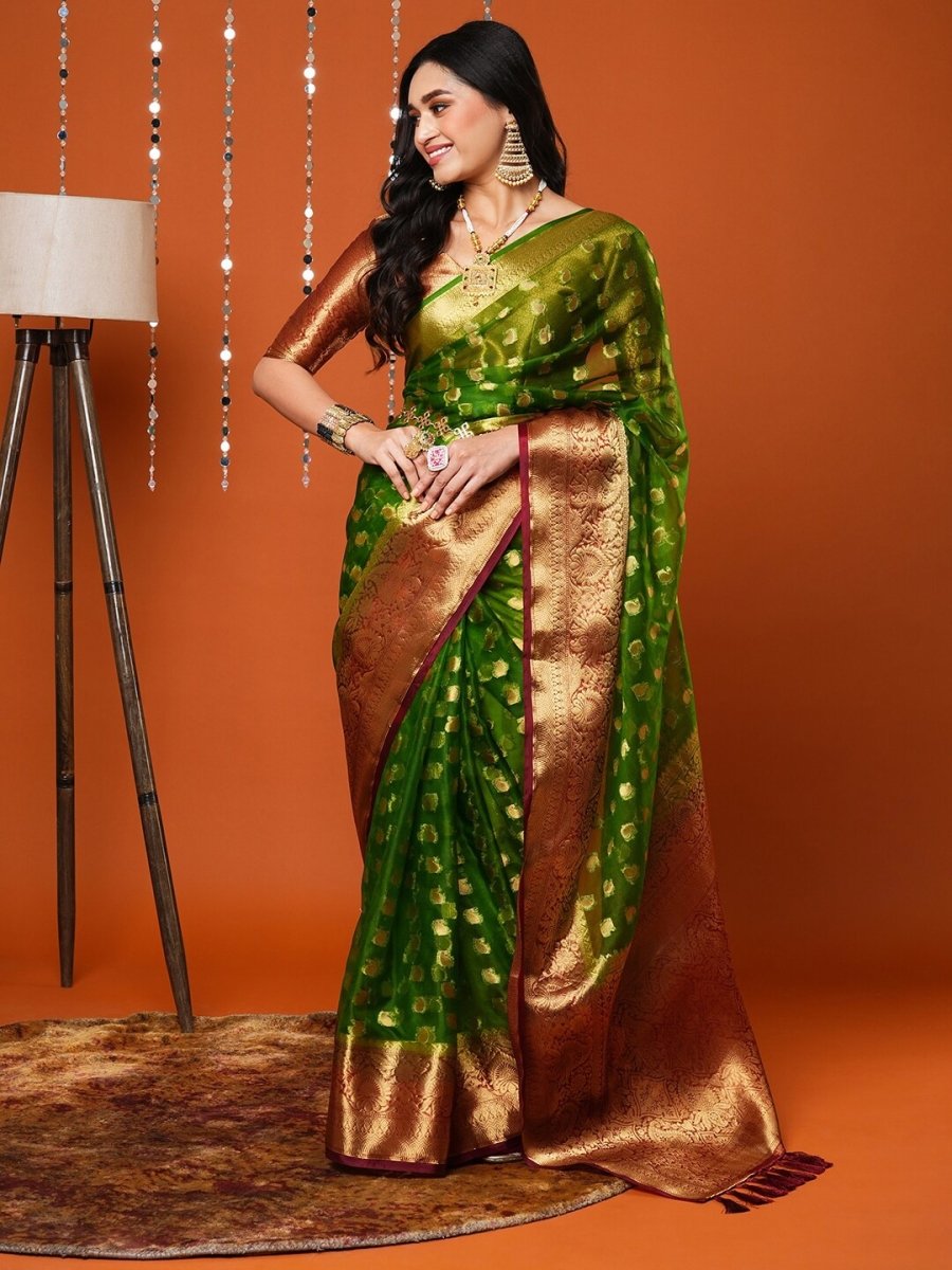 Anouk Green Paisley Woven Design Zari Organza Banarasi Saree - Distacart