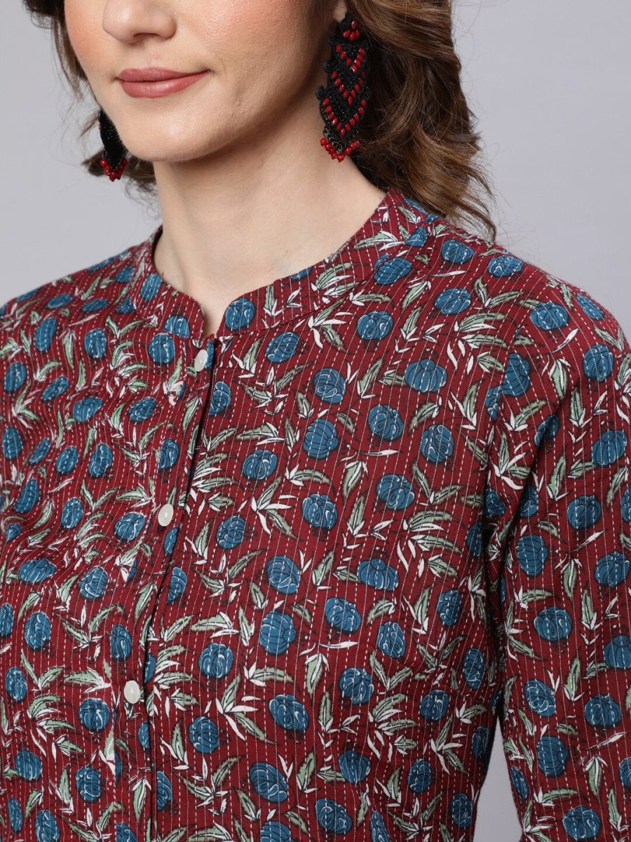 Aks Floral Printed Mandarin Collar Pure Cotton Kurta with Trousers - Distacart