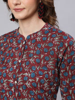 Thumbnail for Aks Floral Printed Mandarin Collar Pure Cotton Kurta with Trousers - Distacart