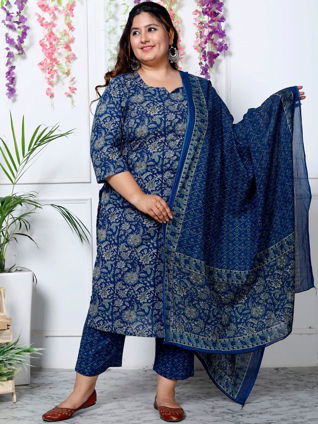 Swasti Plus Size Floral Printed Sequinned Pure Cotton Kurta With Trouser & Dupatta - Distacart