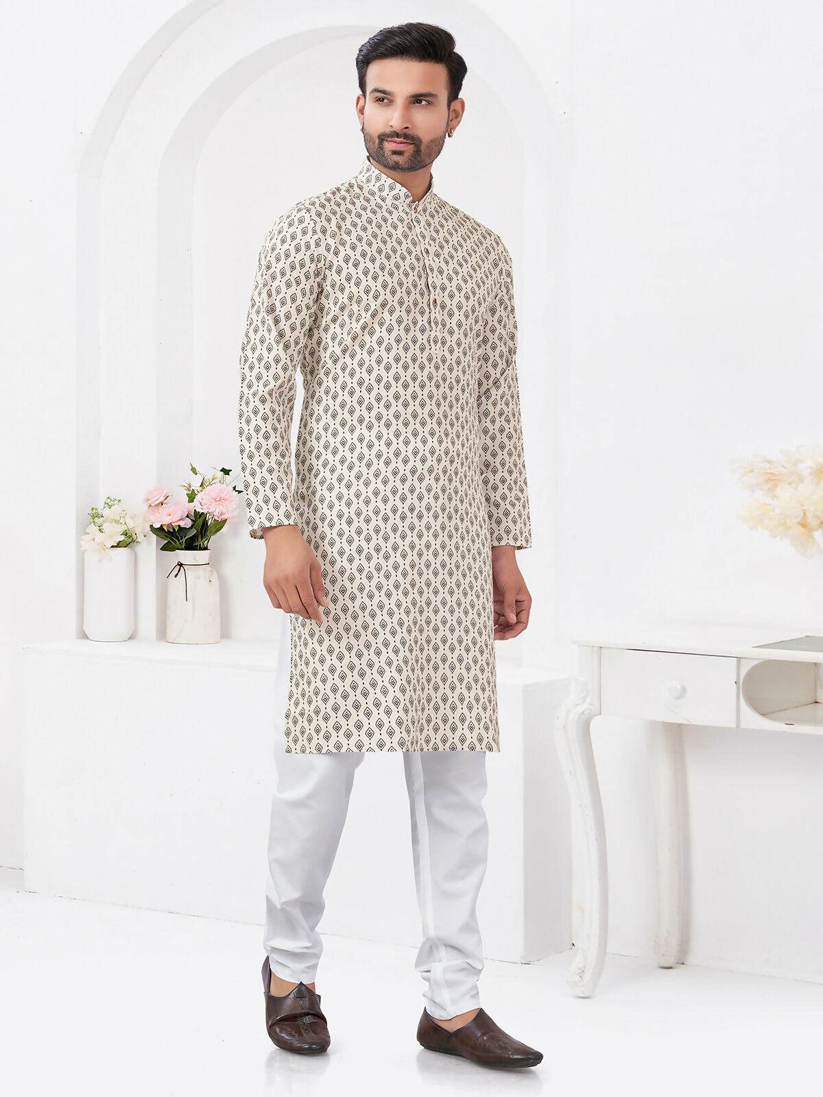 Joban Fashion Men's Rayon Cotton Cream Printed Kurta Pyjama set - Distacart