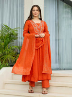 Thumbnail for The52 Orange Women's Gorgeous Embroidered Chinon Fabric Flared Kurta Pant and Dupatta Set - Distacart