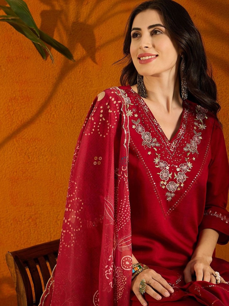 Anouk Floral Embroidered Regular Beads & Stones Straight Kurta With Trousers & Dupatta - Distacart