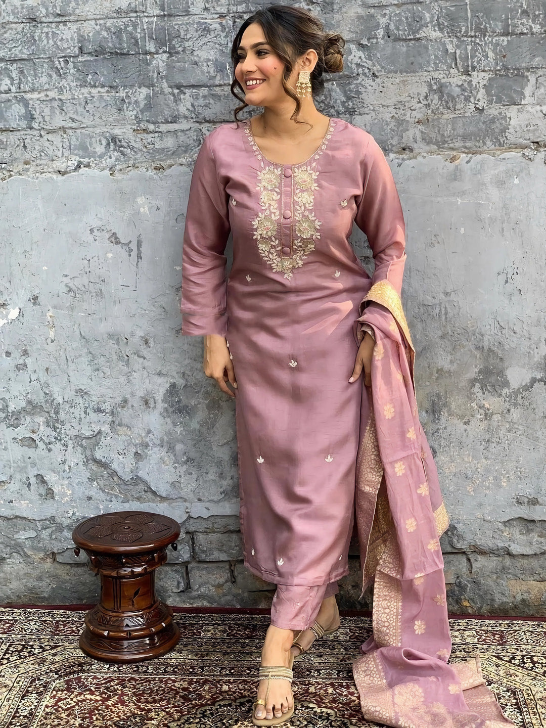 Kalini Ethnic Motifs Embroidered Zari Chanderi Cotton Kurta With Trousers & Dupatta - Distacart
