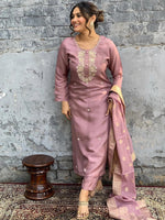 Thumbnail for Kalini Ethnic Motifs Embroidered Zari Chanderi Cotton Kurta With Trousers & Dupatta - Distacart