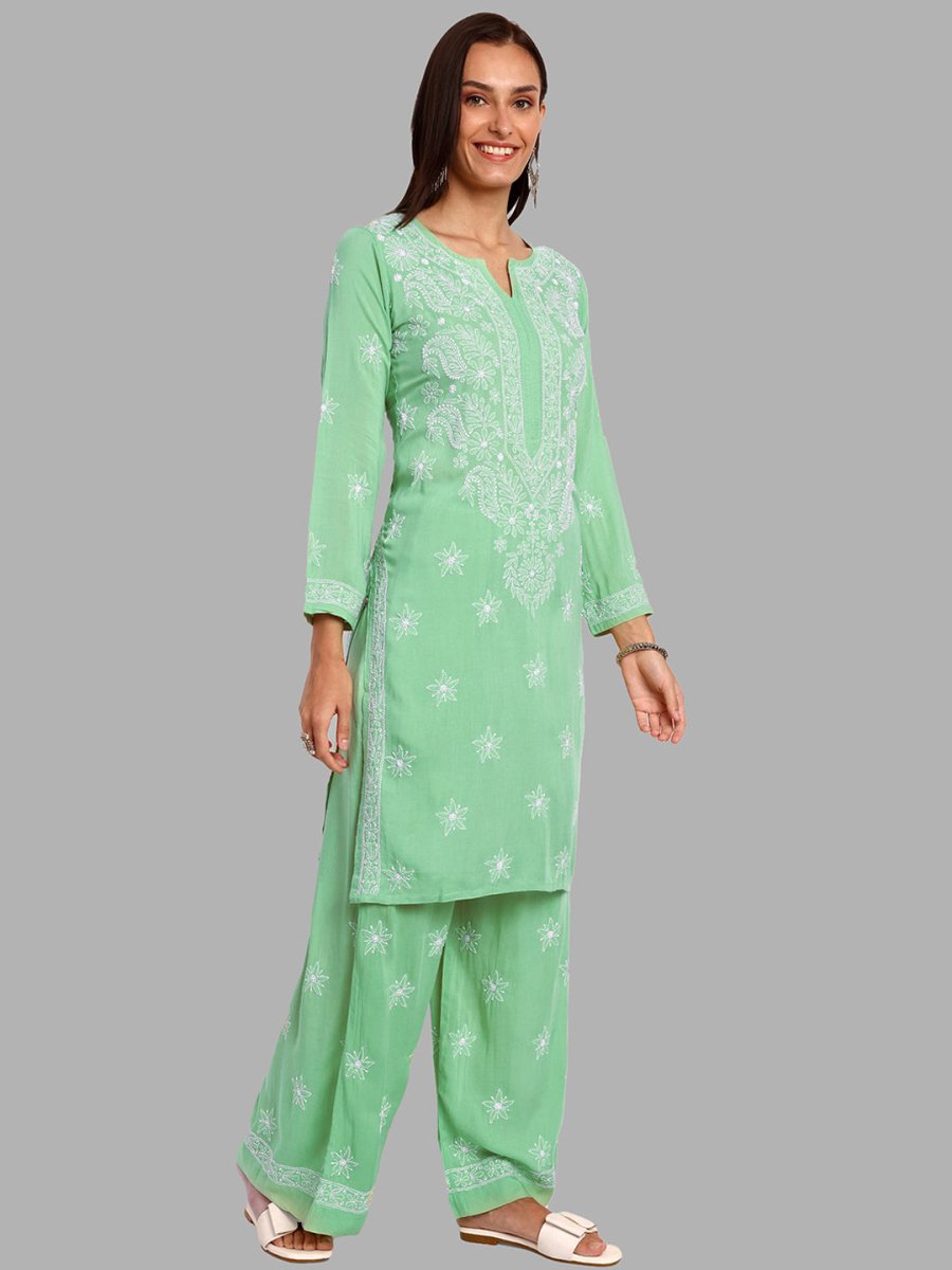 ADA Floral Embroidered Long Sleeves Regular Lucknowi Chikankari Kurta With Palazzos - Distacart