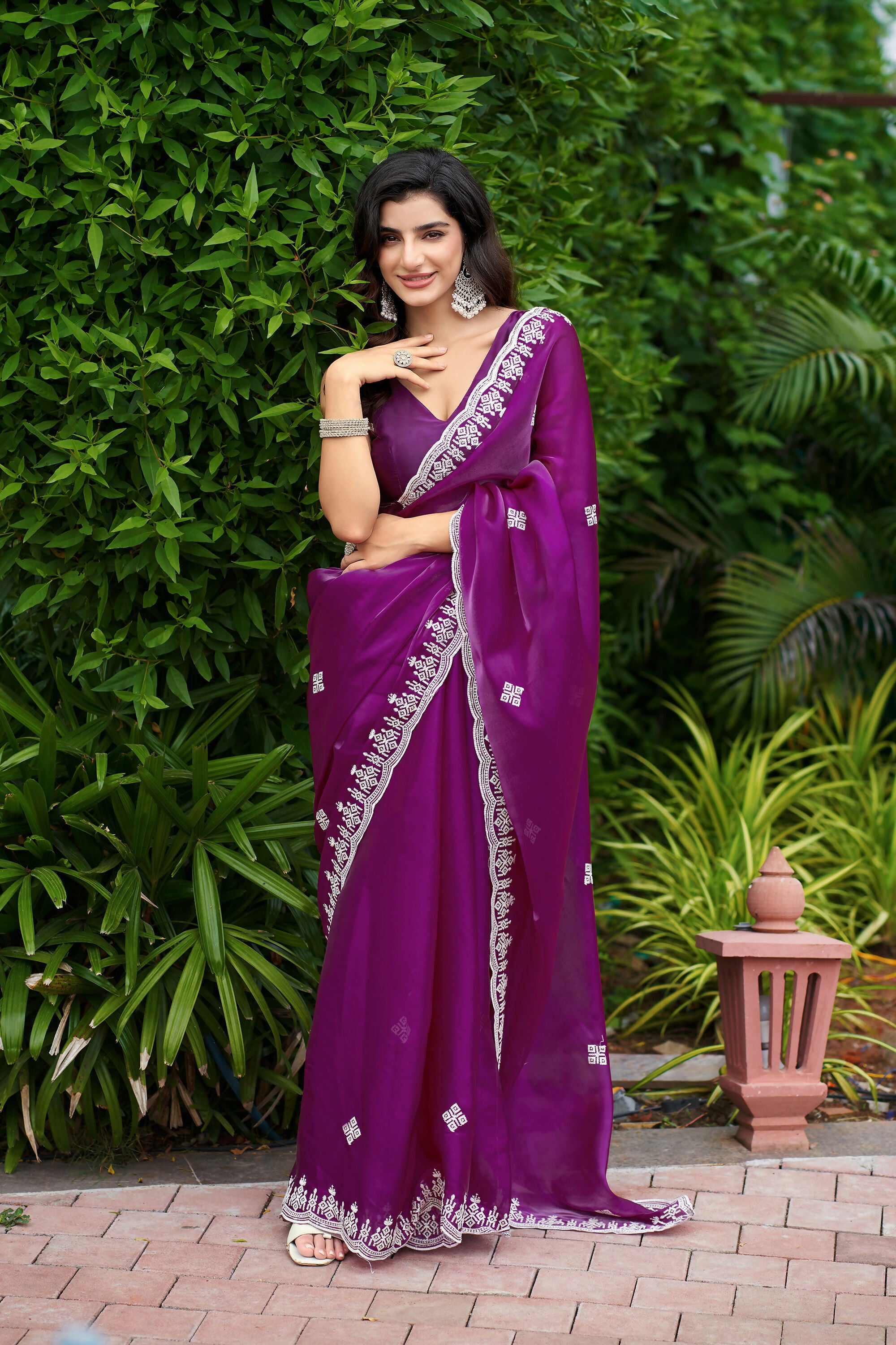 Vastranavya Purple Embroidery Work Shimmer Chiffon Saree with Unstitched Blouse