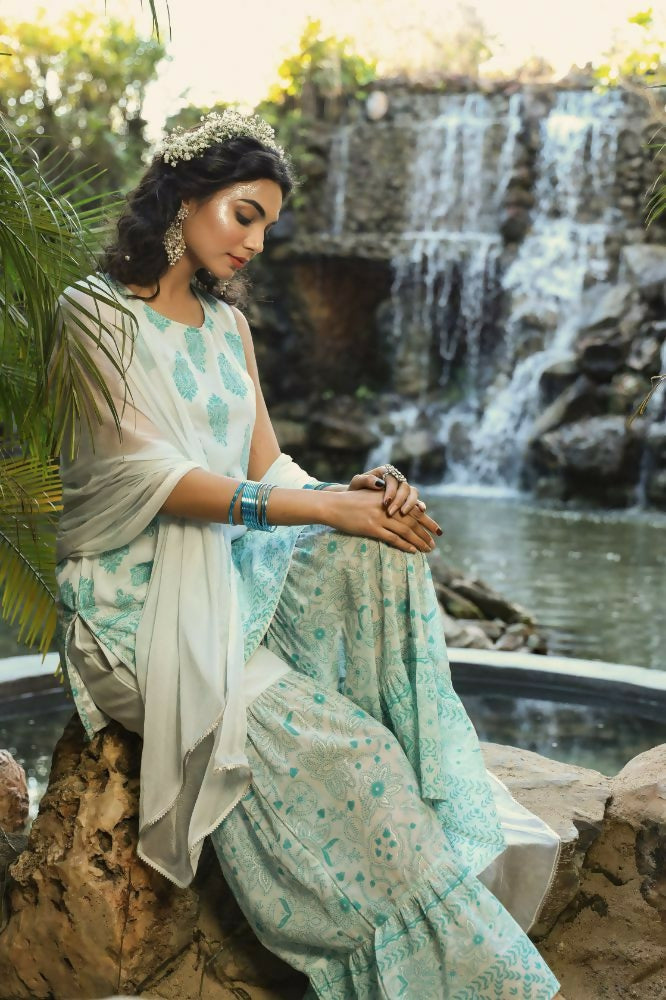 Juniper Blue Ethnic Motif Printed Georgette Kurta Sharara & Chiffon Dupatta Set - Distacart