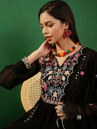 Sangria V Neck Floral Embroidered A Line Kurta with Palazzos & Dupatta