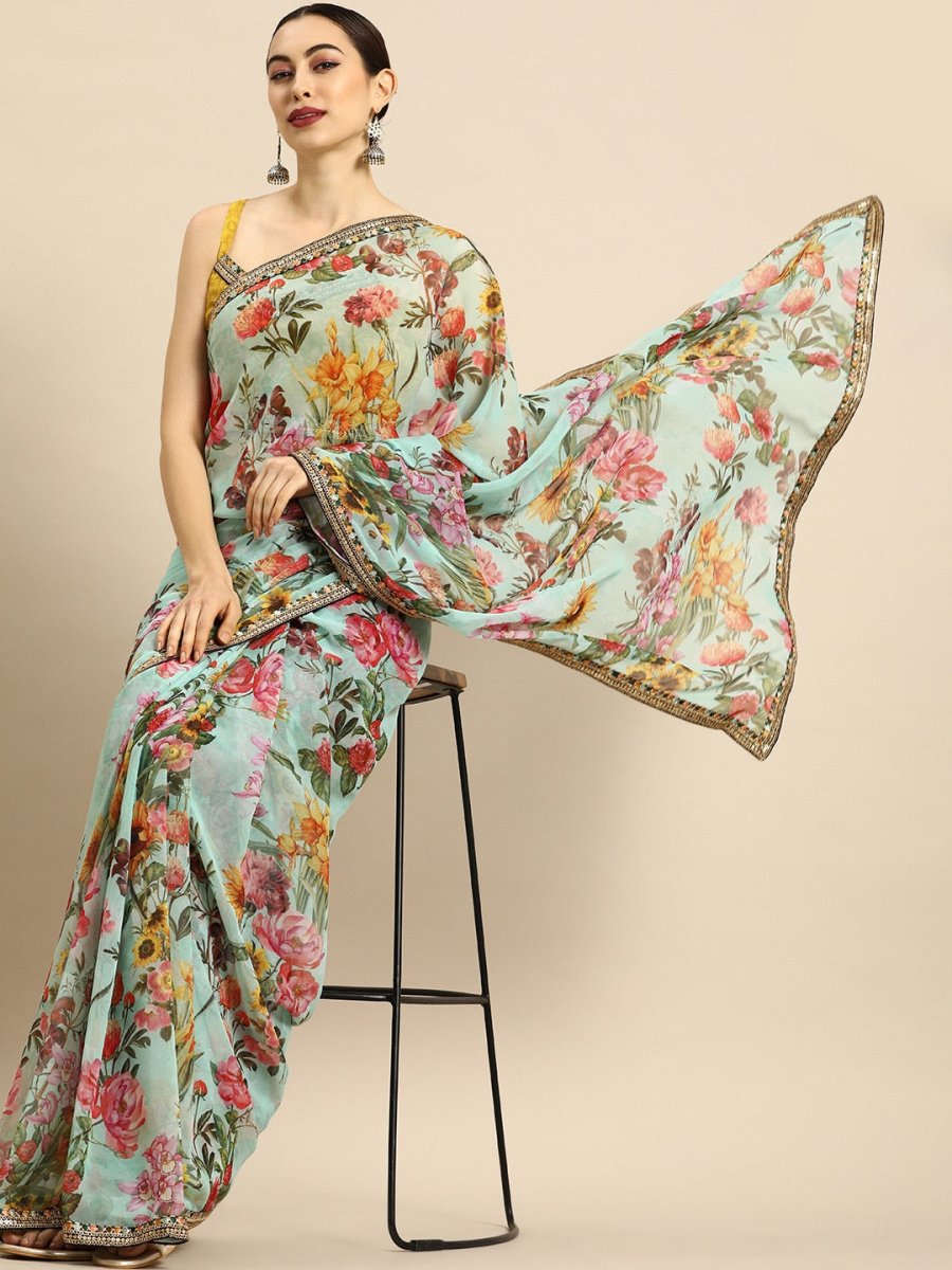 Anouk Sea Green & Yellow Pure Georgette Floral Printed Saree - Distacart