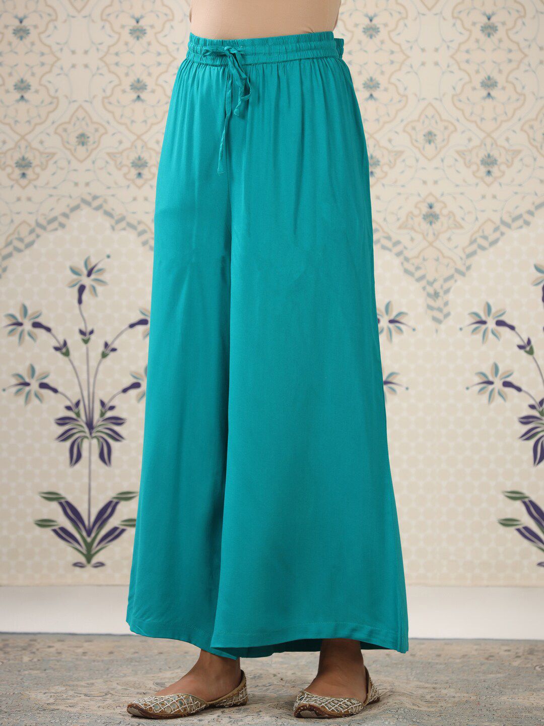 Ode by House of Pataudi Mustard Yellow & Teal Printed Pure Cotton Kurta with Palazzos - Distacart