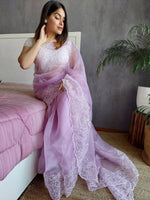 Thumbnail for Anouk Lavender Floral Embroidered Organza Saree - Distacart