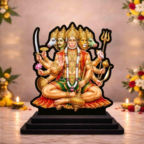 Panchmukhi Hanuman Sitting Wooden MDF Printed Idol with Stand, 4 x 5 Inch, Pooja Room Decor, Home Temple Mandir Decoration, Religious Gift