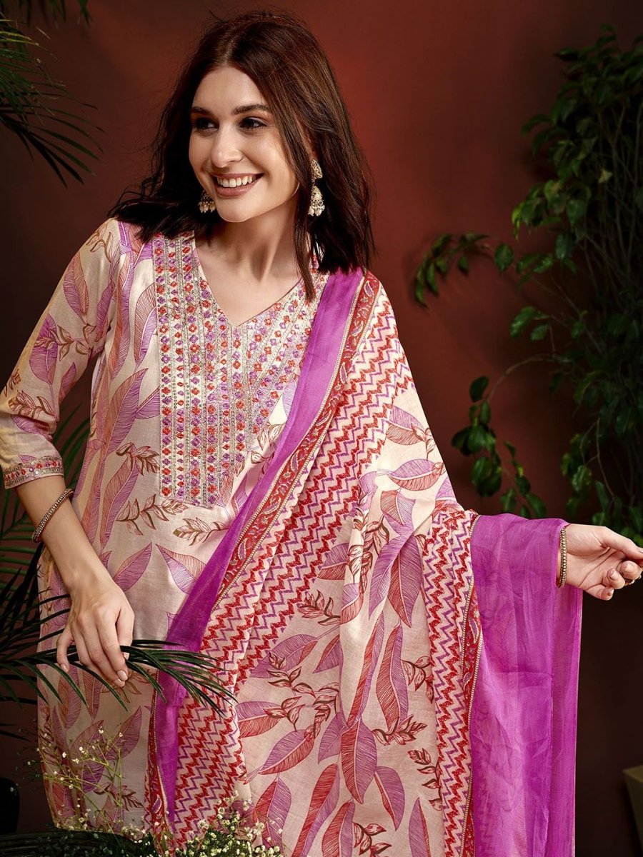 Anouk Pink Floral Embroidered Thread Work V-Neck Pure Cotton Kurta With Trousers & Dupatta - Distacart