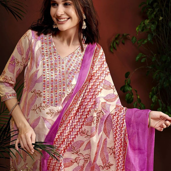 Anouk Pink Floral Embroidered Thread Work V-Neck Pure Cotton Kurta With Trousers & Dupatta - Distacart