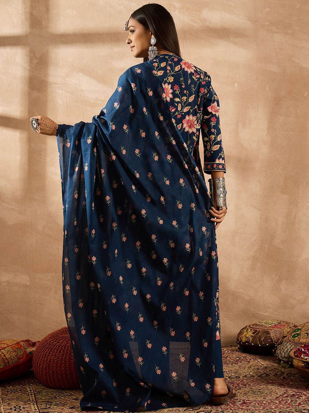 Indo Era Women Floral Printed Angrakha Beads and Stones Pure Cotton Kurta with Trousers & With Dupatta