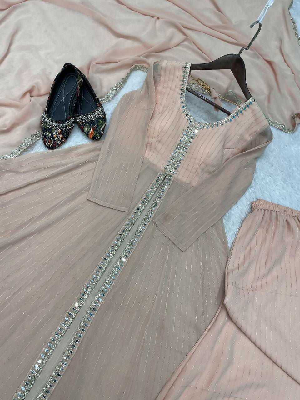 Preksha Creation Indian Desirable Fancy Faux Georgette Cording Embroidered Work Top And Work Palazzo With Dupatta - Distacart
